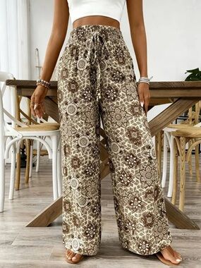 BOHEMIAM High-Rise Wide Leg Printed Palazzo Pants - Brown Floral
